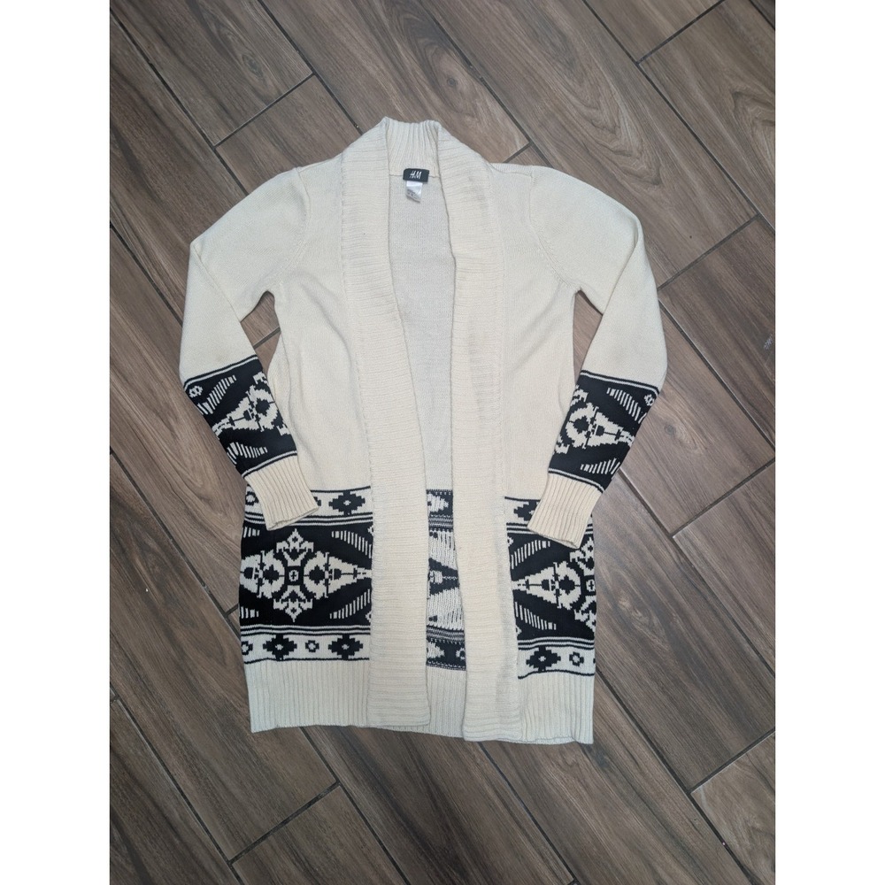 H&M Beige/Black Geometric Knit Open Front V-Neck Long Sleeve Cardigan XS